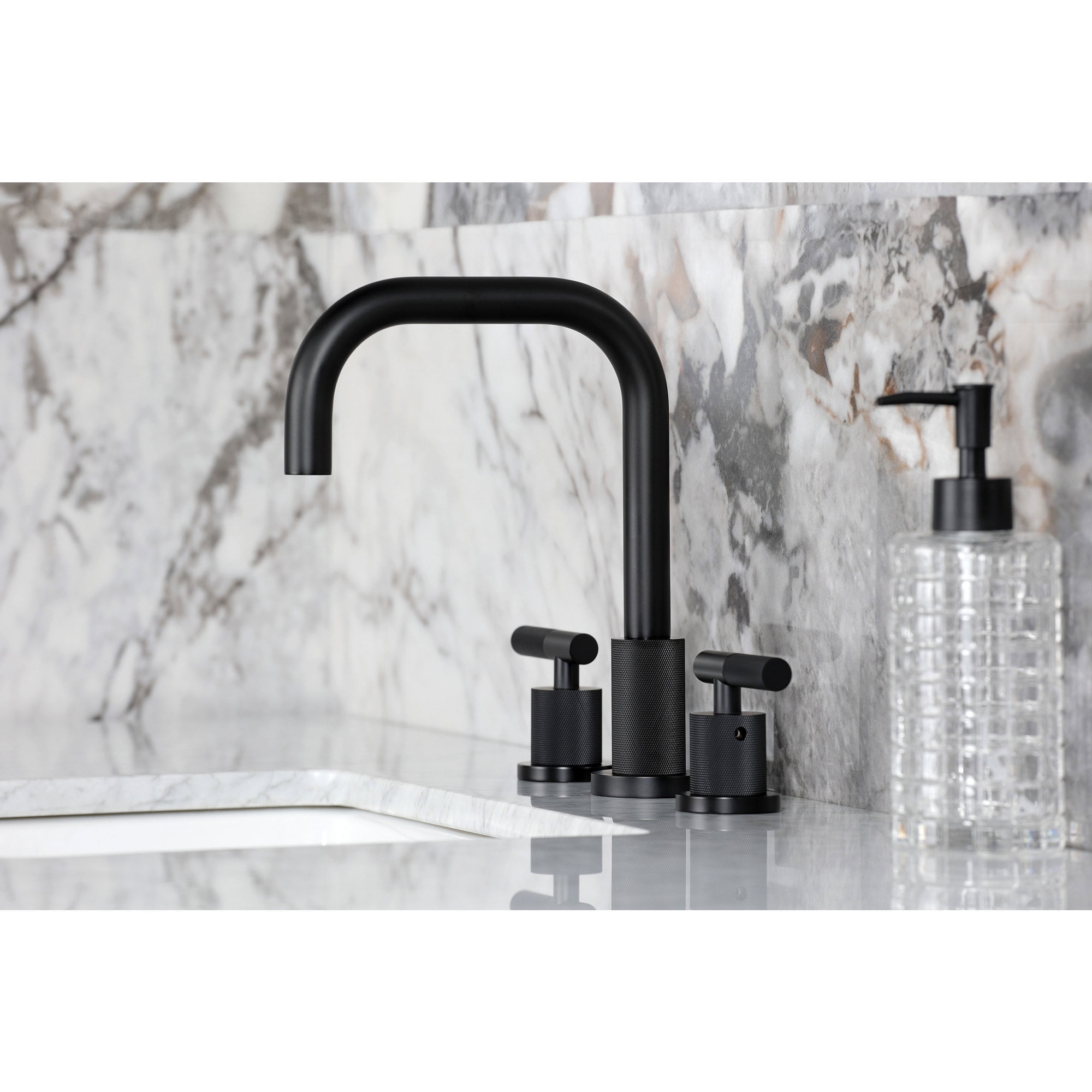 Kingston Brass FSC8930KNL Convergent Two-Handle 3-Hole Deck Mount Widespread Bathroom Faucet with Knurled Handle and Brass Pop-Up in Matte Black
