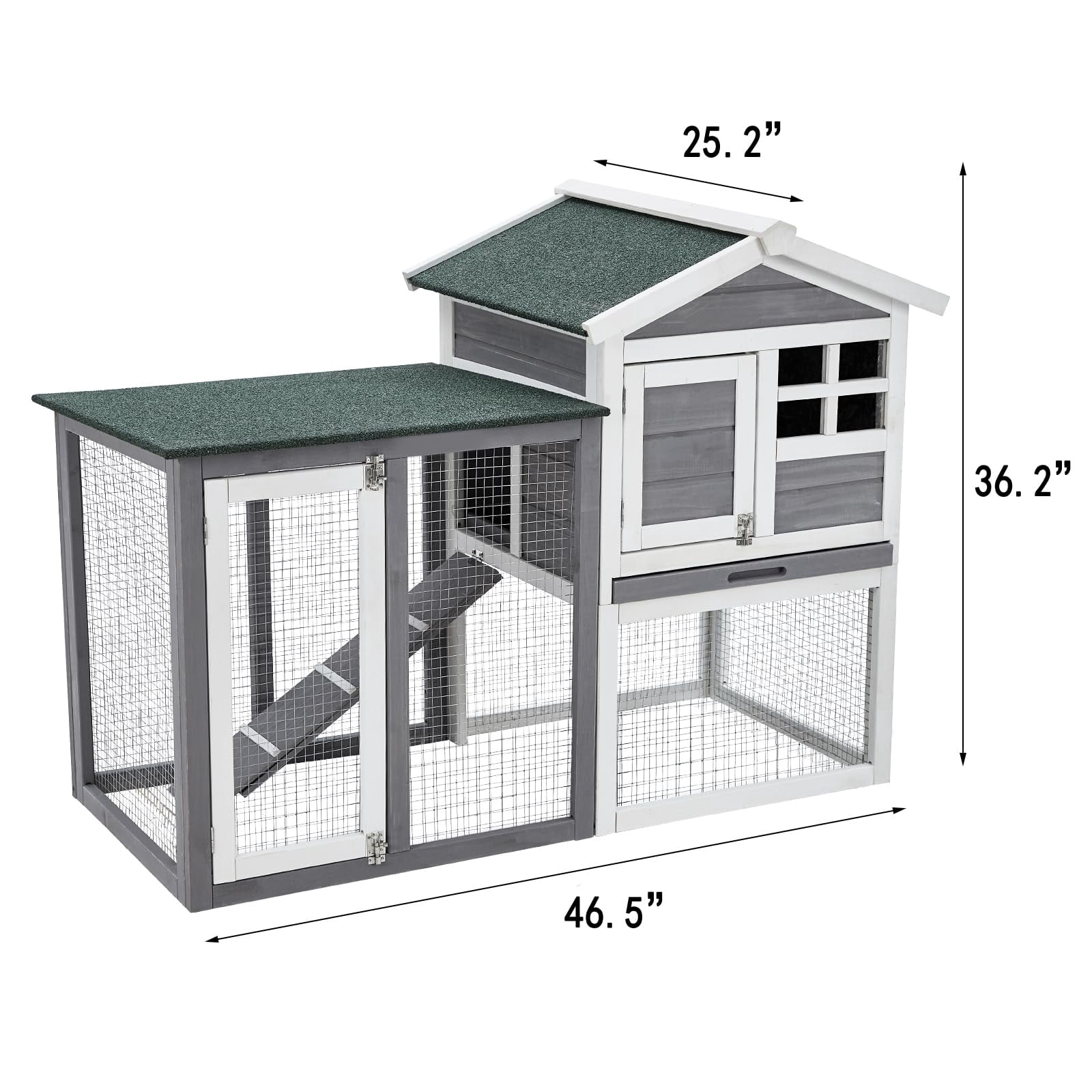 2-Tier Wooden Rabbit Hutch with Waterproof Roof, Leak-Proof Tray, Secure Wire Fence, Open Courtyard - Indoor/Outdoor Rabbit Cage for Rabbits