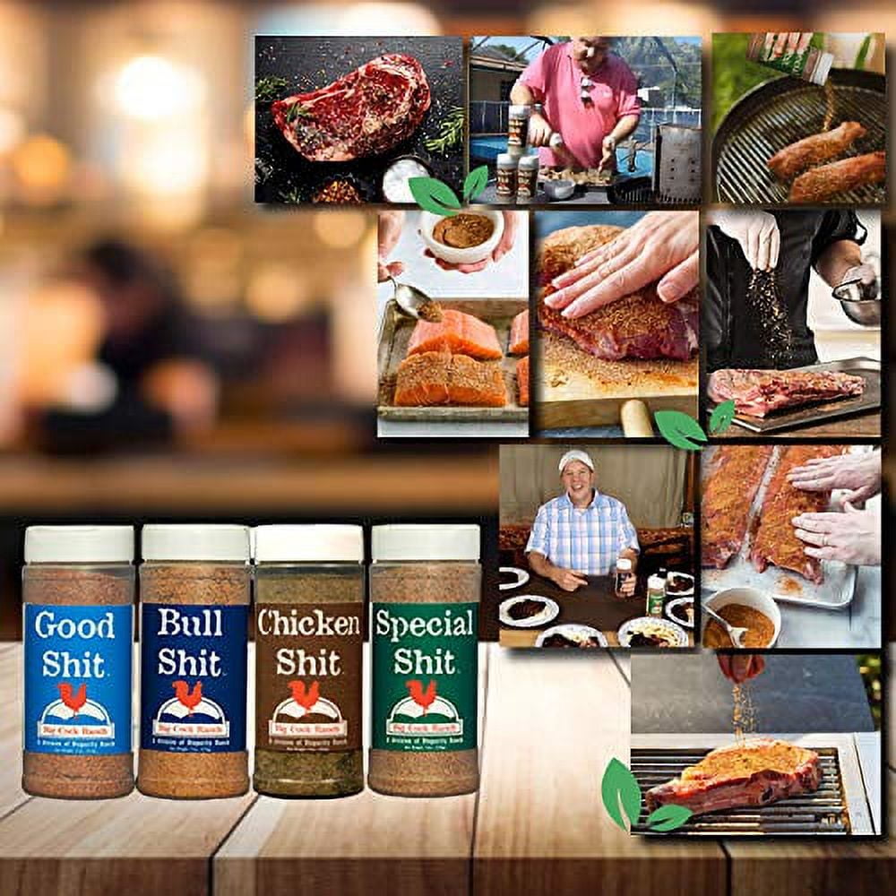 Big Cock Ranch Gourmet Seasoning Bundle — All-Purpose Special Shit 13oz, Bull Shit for Steak 12oz, Good Shit Sweet N' Salty 11oz and Chicken Shit 12oz — Gluten-Free and No MSG