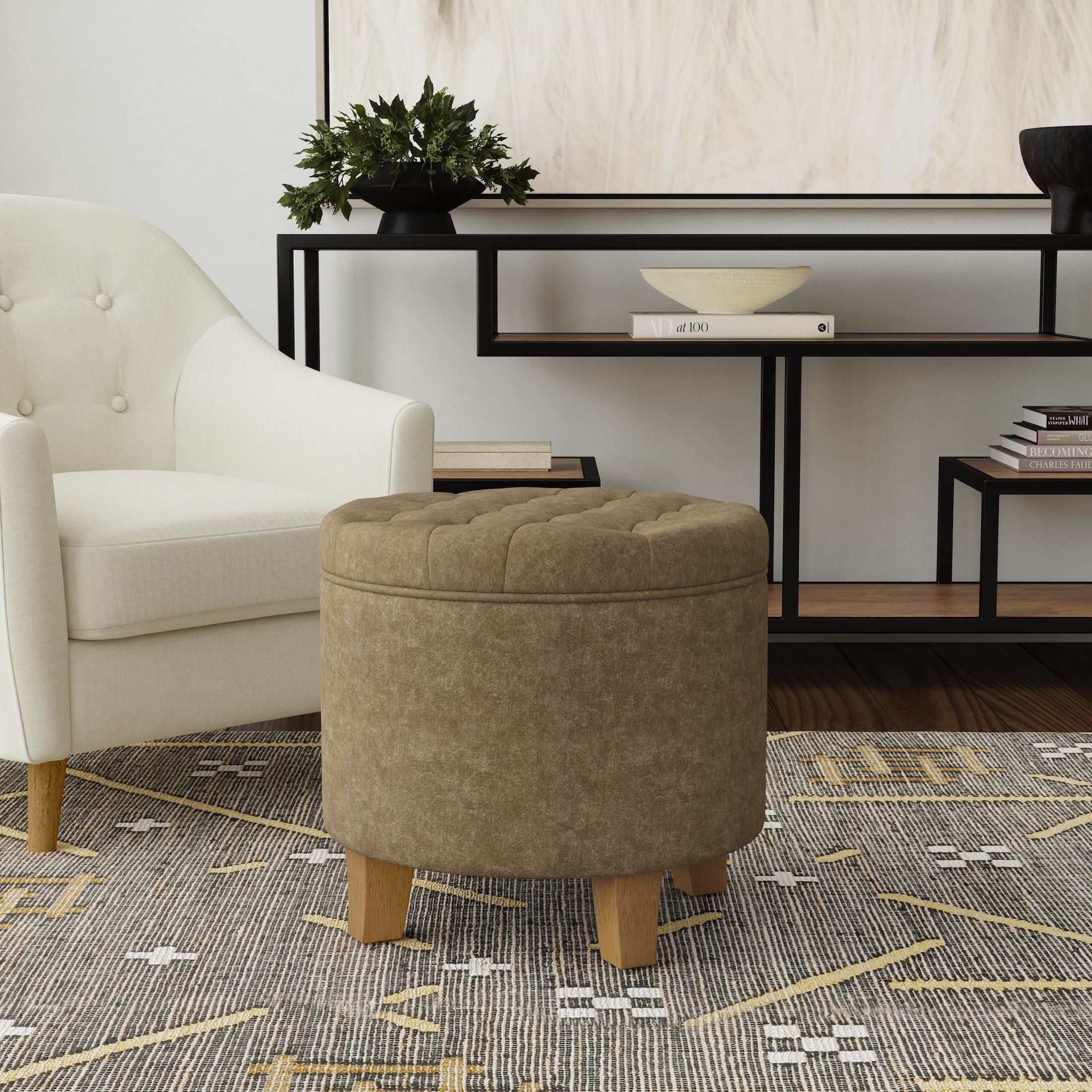 HomePop Small Round Button Tufted Storage Ottoman, Mocha Velvet