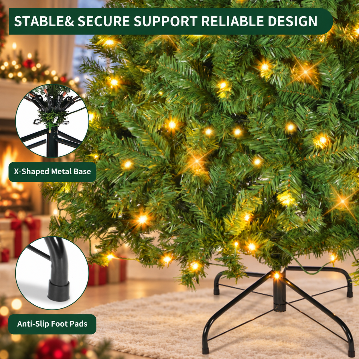 Fenbeli 6ft Pre-Lit Artificial Christmas Tree, 250 Warm White LED Lights, 1,000 PVC Branch Tips, Full Hinged Design with Foldable Metal Stand, Easy Assembly for Indoor & Outdoor Holiday Decor, Green