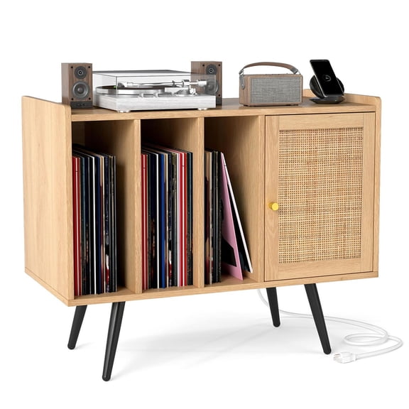 Spaco Record Player Stand with Charging Station, Rattan Storage Cabinet, Adjustable Shelf, Natural (Brown)