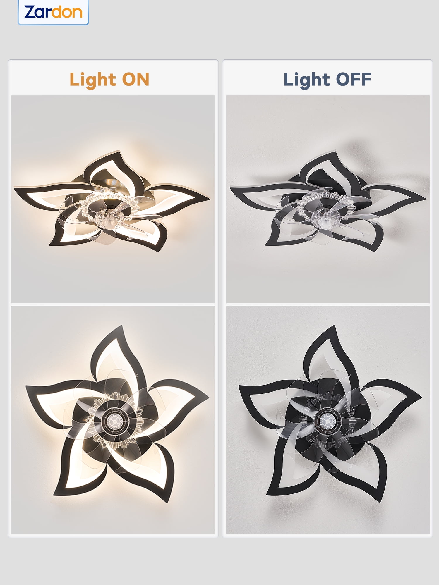Zardon 27" Flower Ceiling Fan with LED Lights and Remote Control, Flush Mount Ceiling Fan for Indoor Bedroom Living Room, Low Profile - Black