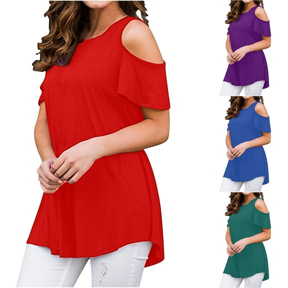 Fesfesfes Short Sleeve Athletic Tops for Women's Short Sleeve Casual Summer Off Shoulder Tops Loose Blouse T-Shirt Soft T Shirt Women 8(L)