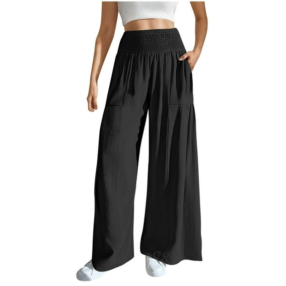 WQQZJJ Pants for Women with Pockets Elastic Waist Loose High Waist Wide Leg Flared Pants Solid Casual Pants Size S-2XL