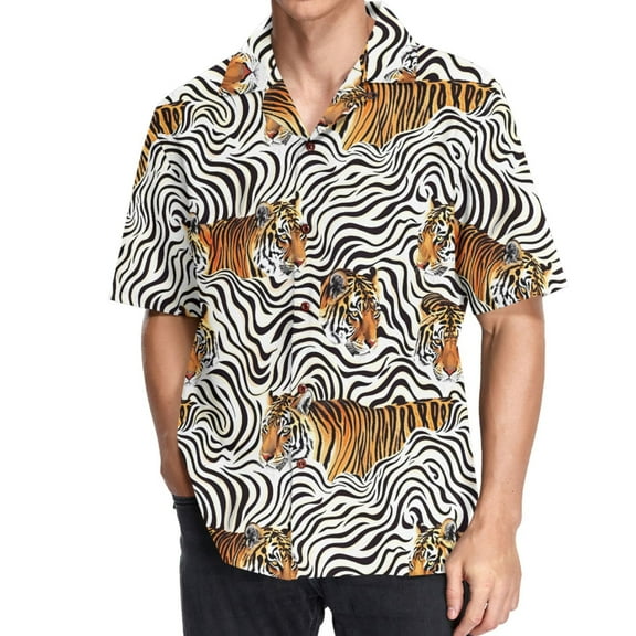 joogoo Men's Hawaiian Shirt Tigers in Stripes Short Sleeve Casual Button Down Shirts M
