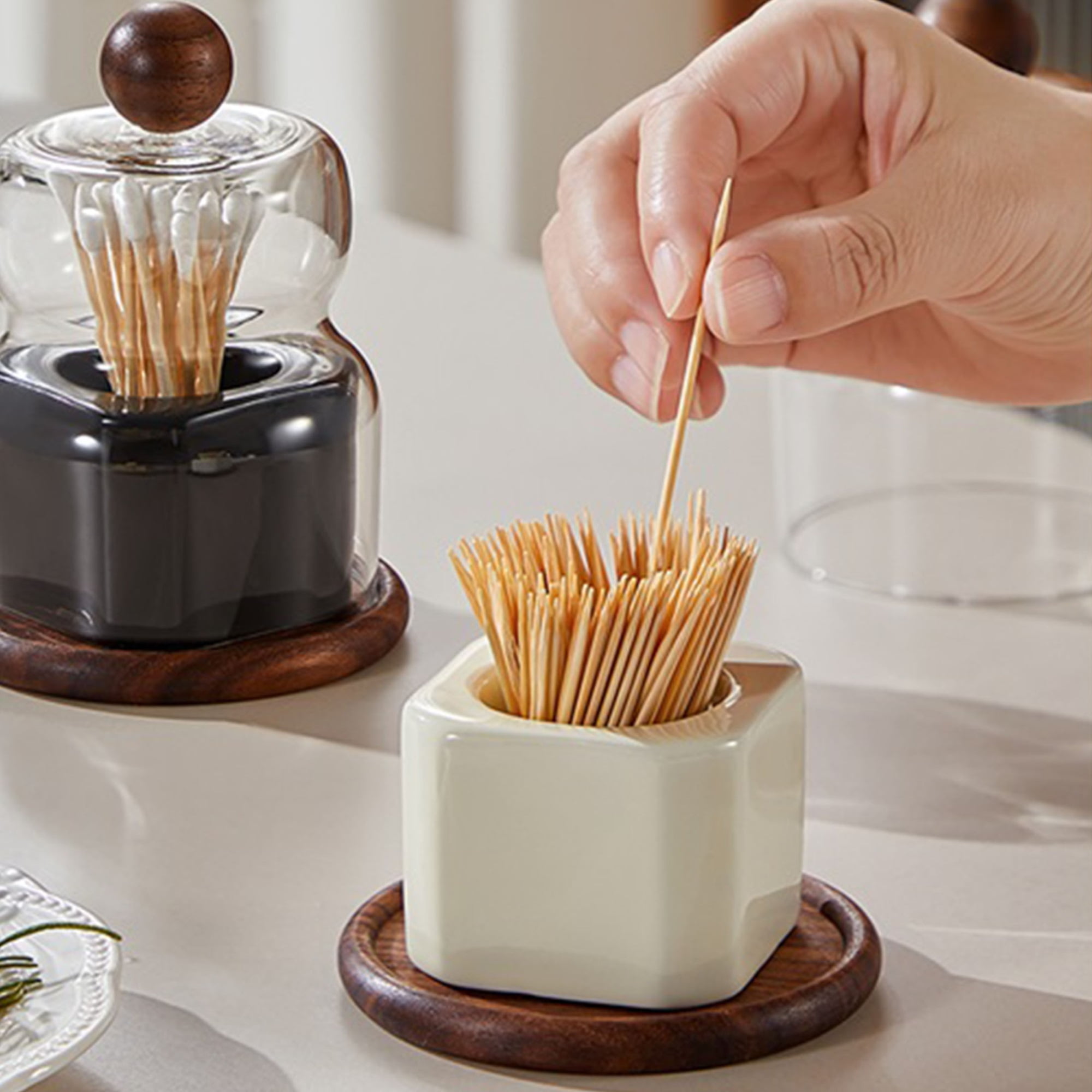 Toothpick Dispenser, Vintage Walnut Ceramic Toothpick Holder Floss Holder Cotton Swab Organiser