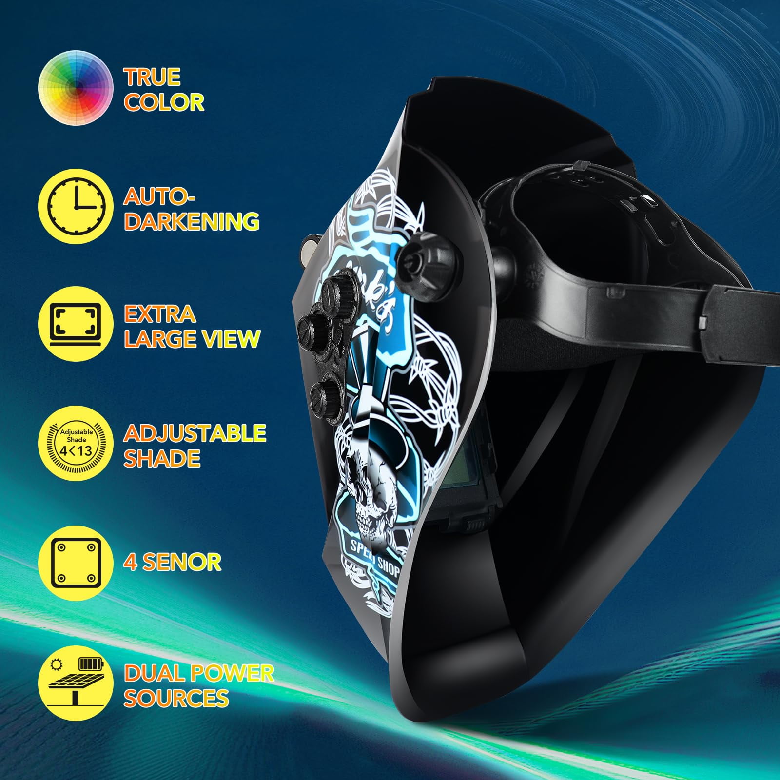Large Viewing Welding Helmet Auto Darkening True Color Solar Powered Welding Hood with 4 Arc Sensor Adjustable Wide Shade Range 4~5-8/9-13 Welder Mask for TIG MIG ARC Weld Plasma Cut Grinding