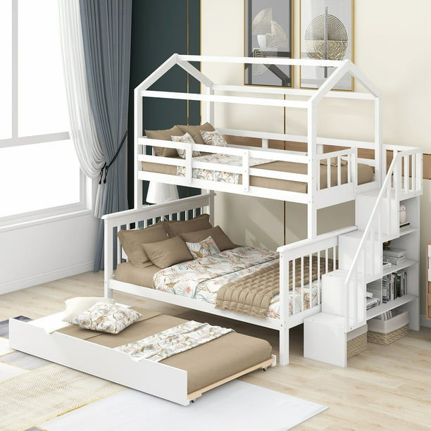 EUROCO Twin over Full House Bunk Bed with Trundle and Staircase, White ...