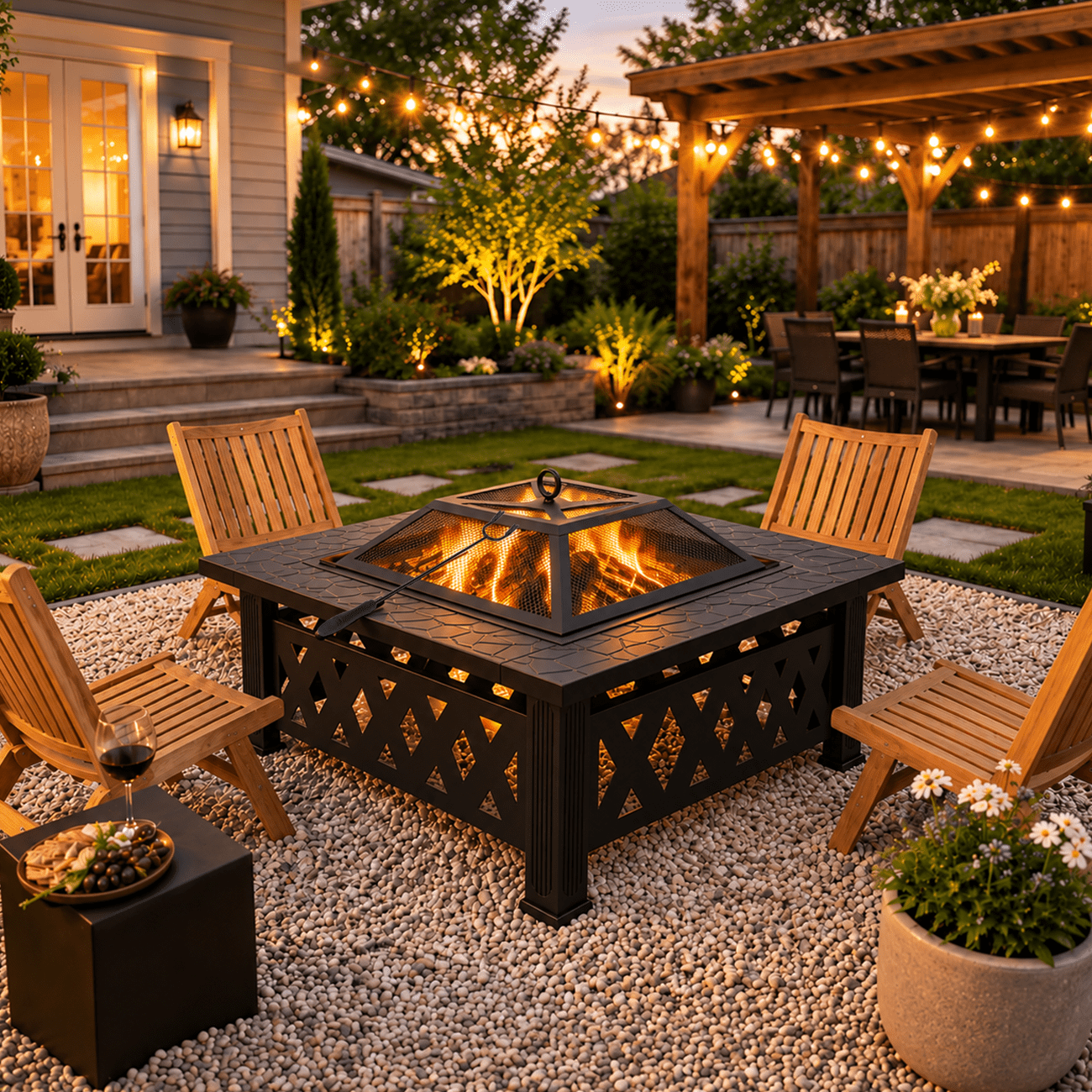 32'' Wood Burning Fire Pit, Outdoor Metal Fire Pit Table with Mesh Screen Lid & Poker, Stone Pattern Patio Fireplace for Backyard, Garden, BBQ, Heating, Square