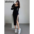 thumbnail image 2 of Vestido de suéter ajustado por encima de la rodilla para mujer, cuello cuadrado, sexy, abertura francesa, Primavera e invierno, 2022, 2 of 4