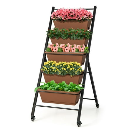 Topcobe 5-Tier Vertical Raised Garden Bed with Wheels and Container Boxes, Vertical Garden Planter, Brown