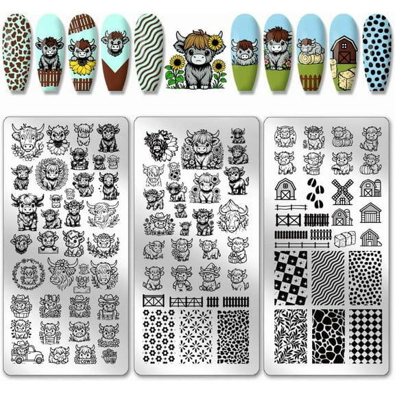 3pcs Highland Cow Theme Nail Stamping Plates Rustic Farms Nail Art Templates Animal Manicure Art Stencils Texture Pattern Nails Image Plates for Women Manicures Salon Design Printing