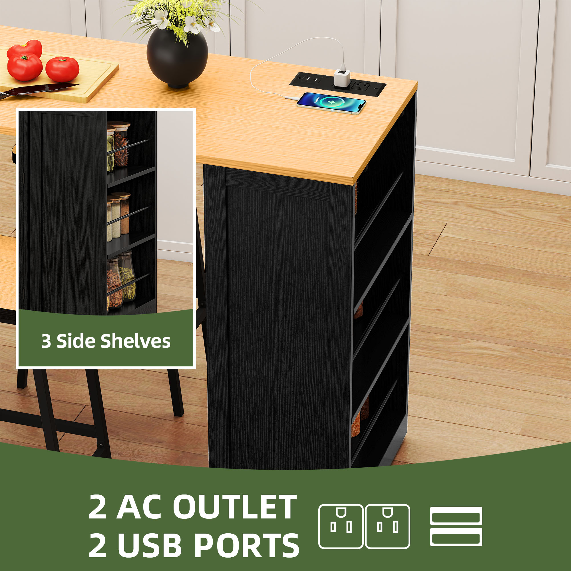 Uforic Extendable Kitchen Island with Power Outlets & 2 Stools, Kitchen Island Cart with Trash Storage Compartment, Black