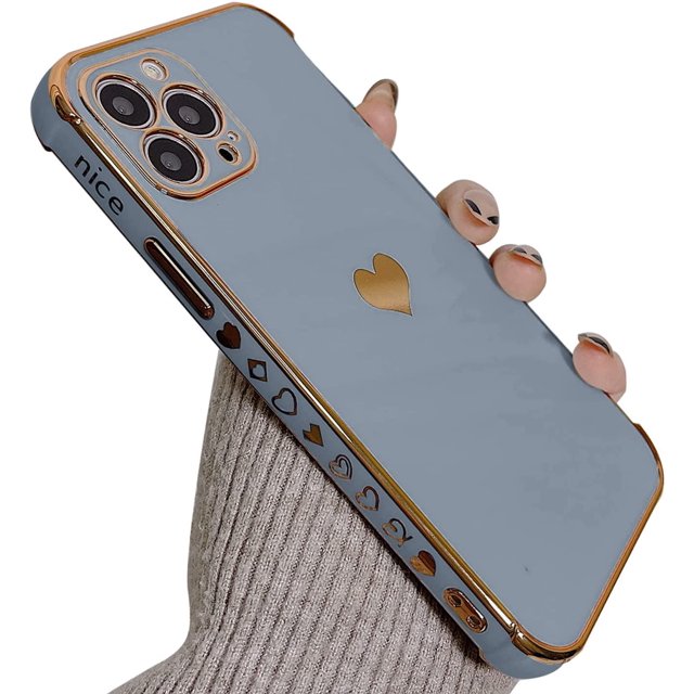 IBAOLEA Compatible with iPhone 12 Pro Max Case, Luxury Plating Love Heart Phone Case, Cute Side Small Love Pattern Soft TPU Shockproof Full Camera Lens Protective Case for iPhone 12 Pro Max - Grey