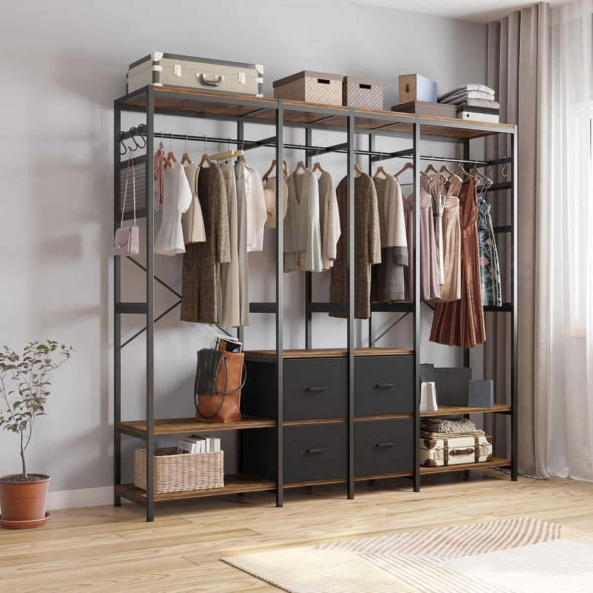 87.2 H Tall Closet System, Walk in Wardrobe Closets with 4 Rattan Drawers  and Shelves Heavy Duty Metal Clothing Storage Organizer Spacious Open