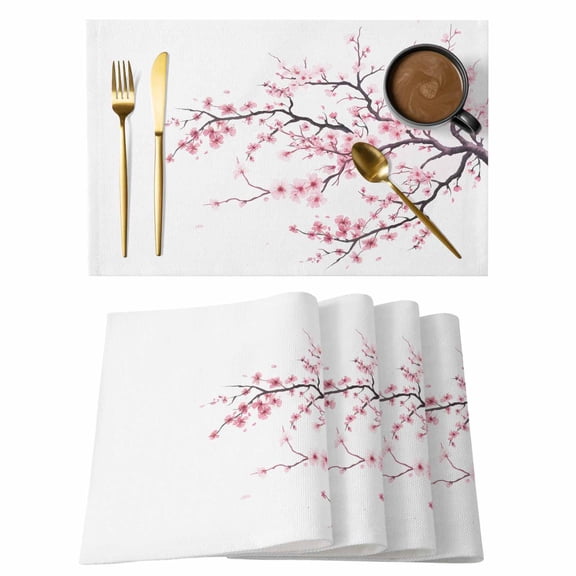 Pink Cherry Blossom Placemats Set of 4, Spring Branches Floral Watercolor Placemats for Dining Table, Place Mats for Kitchen Tabletop, Waterproof Wipeable Dining Table Mats Set