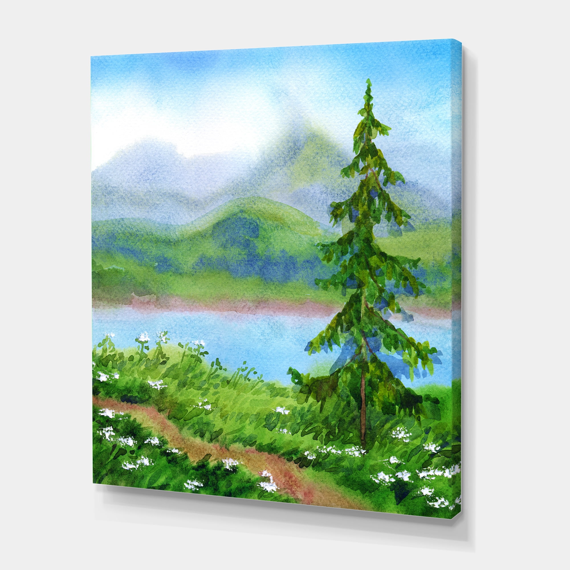Designart ' Landscape River Spruce Near The Trail On A Hill ' Traditional Canvas Wall Art Print