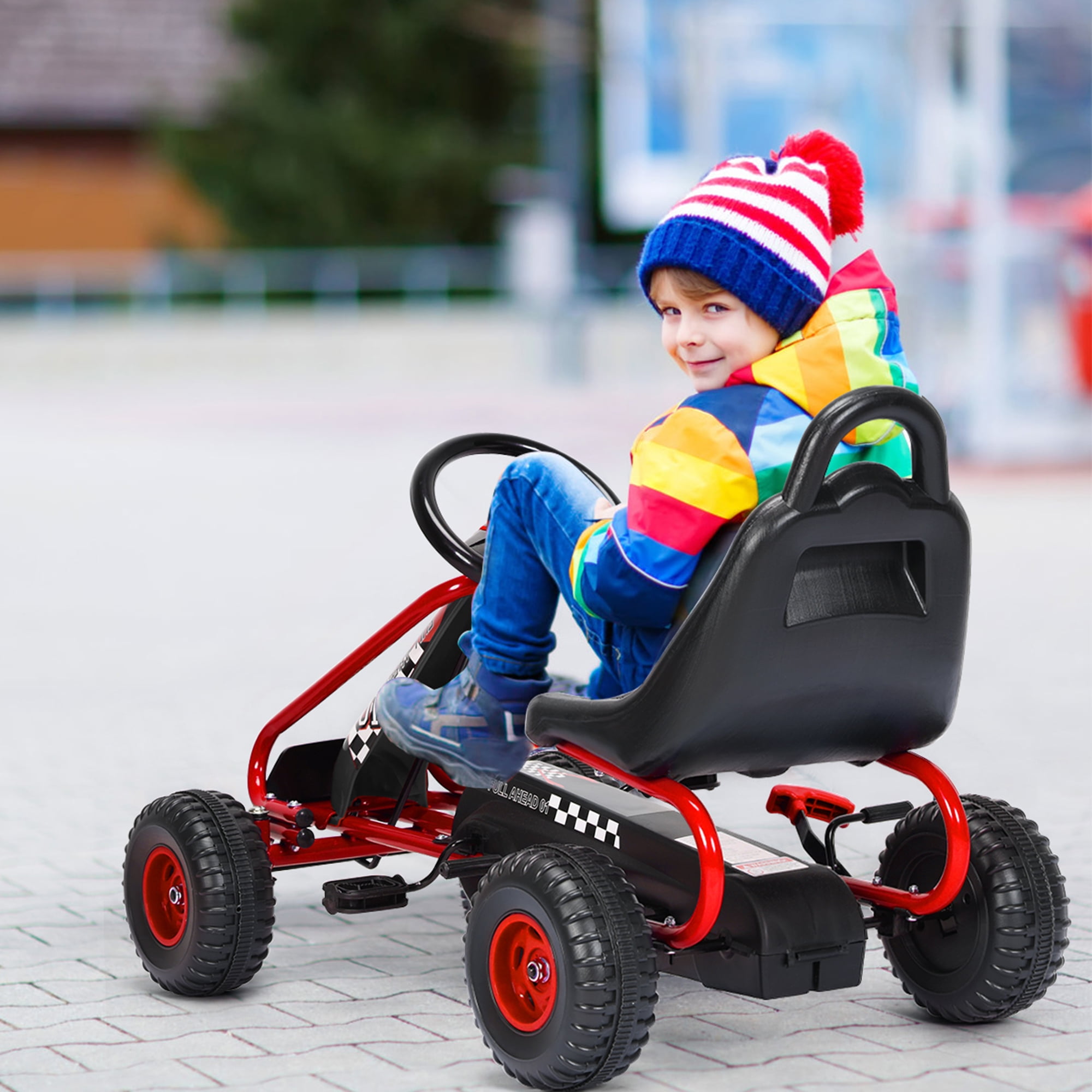 Gymax Kids Pedal Go Kart 4 Wheel Ride On Toys w/ Adjustable Seat & Handbrake Red