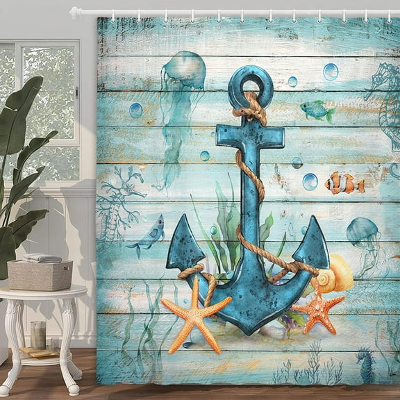 Nautical Shower Curtain, Teal Turquoise Anchor Coastal Ocean Beach Shower Curtain, Farmhouse Rustic Wooden Barn Sea Life Starfish Jellyfish Shower Curtain Set Polyester with 12PCS Hooks, 70X70IN