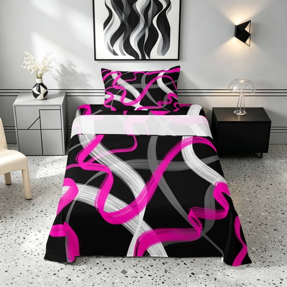 Manfei Abstract Brushstroke Twin Sheets, Pink White Gray Bedding, Black Reversible 3pcs1 Flat Sheet   1 Fitted Sheet   1 Pillowcase