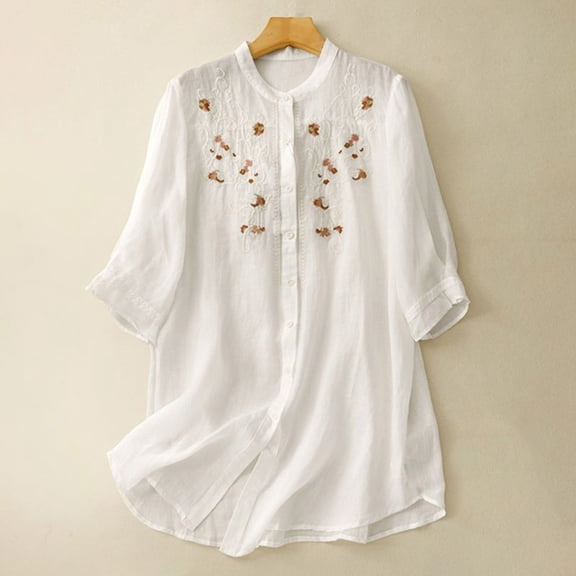 HLKJKLS Winter Clothing For Women New Chinese Embroidered 3/4 Sleeve Shirt Cotton Loose Mid Length Winter White M-3Xl