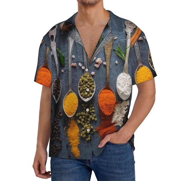 Fotbe Various Herbs And Spices In Spoons Camisa Estampada de Manga Corta para Hombre, Casual de Verano, Estilo Playero, Sin Arrugas-Small