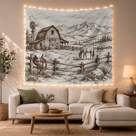 Rustic Barn and Windmill with Horses in Pasture Nostalgic Illustration for Farmhouse Decor Fans Barn Landscape Art Christmas Gift Tapestry Wall Hanging for Living Room and Bedroom