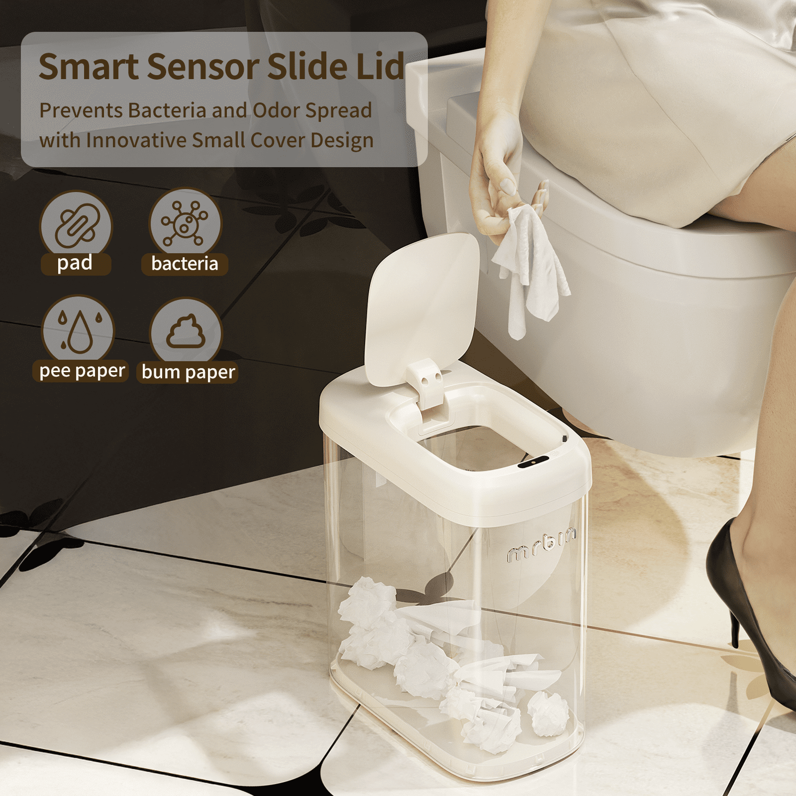 Motion Sensor Adsorption Bag Bathroom Metal Trash Can with Lid and Wheels, 10L/2.6gal Automatic Removable Slim Electric Narrow Waste Basket for Near Desk Office, Bedroom, Kitchen, Rv, White
