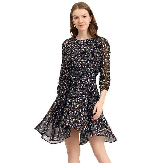 INSPIRE CHIC Robe Florale pour Femmes Manches 3/4 Froncées Ourlet Asymétrique Robes Smockées Bleu Marine m