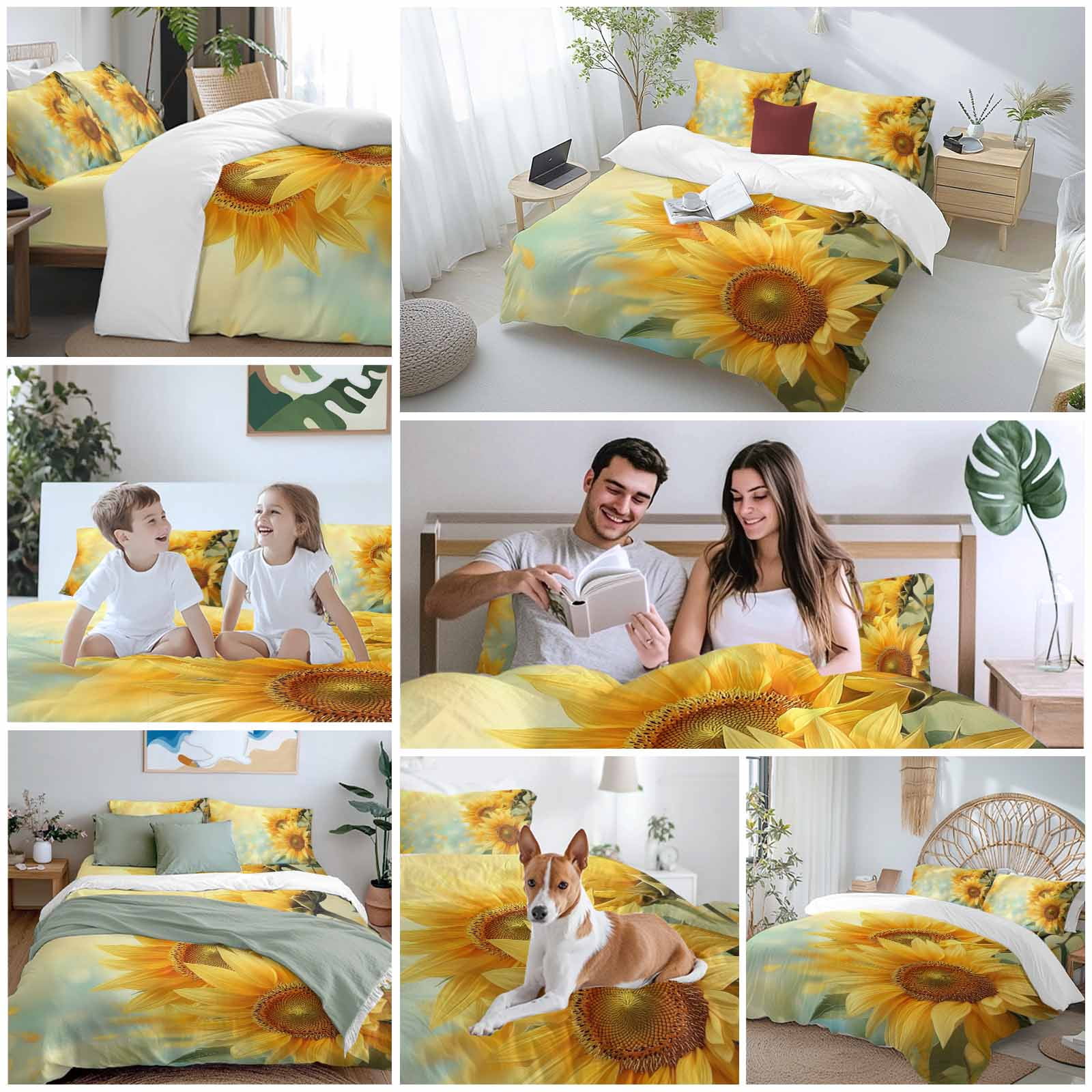 Sunflower Duvet Cover Set, Yellow Spring Floral Botanical Soft Duvet Cover Full Size Bedding Set 4 Pieces, 1 Quiltcover and 2 Pillowcases with Zipper, 1 Bed Sheet for All Seasons
