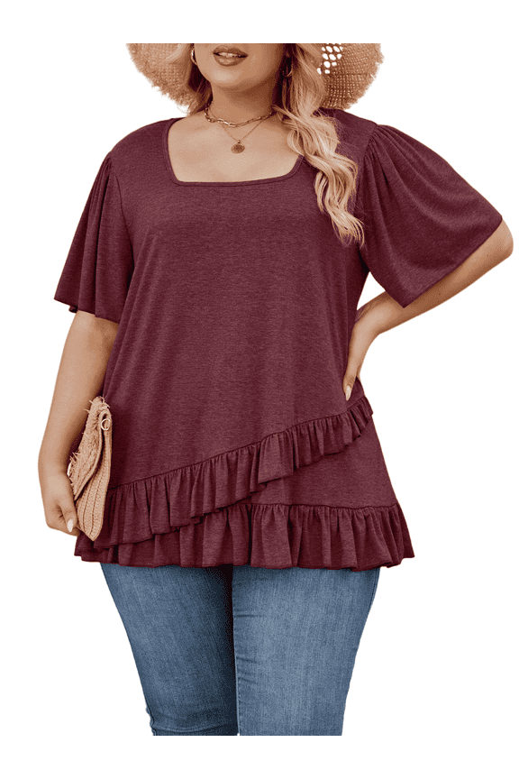 Women's Square Neck Peplum Blouse - Plus Size Casual Flowing Summer Top with Short Sleeves