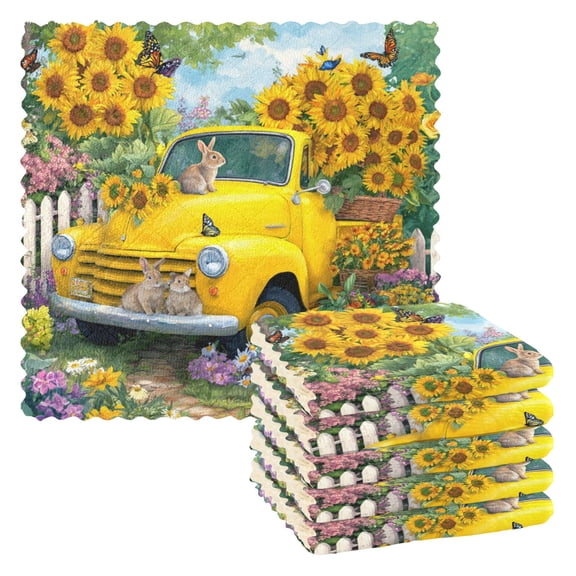 6 Pieces of Kitchen Towels 11x11Inch Kitchen Dish Cloths Kitchen Dish Towels Reuseable Cleaning Cloths Yellow Truck Sunflowers