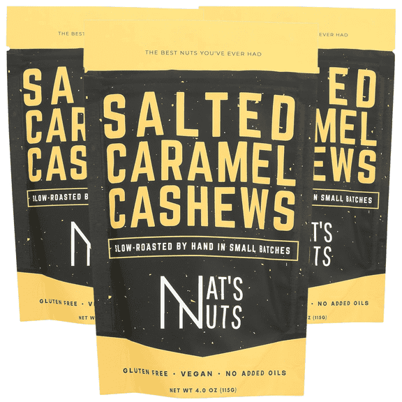 Nat's Nuts Salted Caramel Cashews 4oz (pack of 3) - Lightly Salted Sweet Tasty Snack, Rich in Nutrients, Protein, Great Gift for Family, Holiday, Resealable Pouches