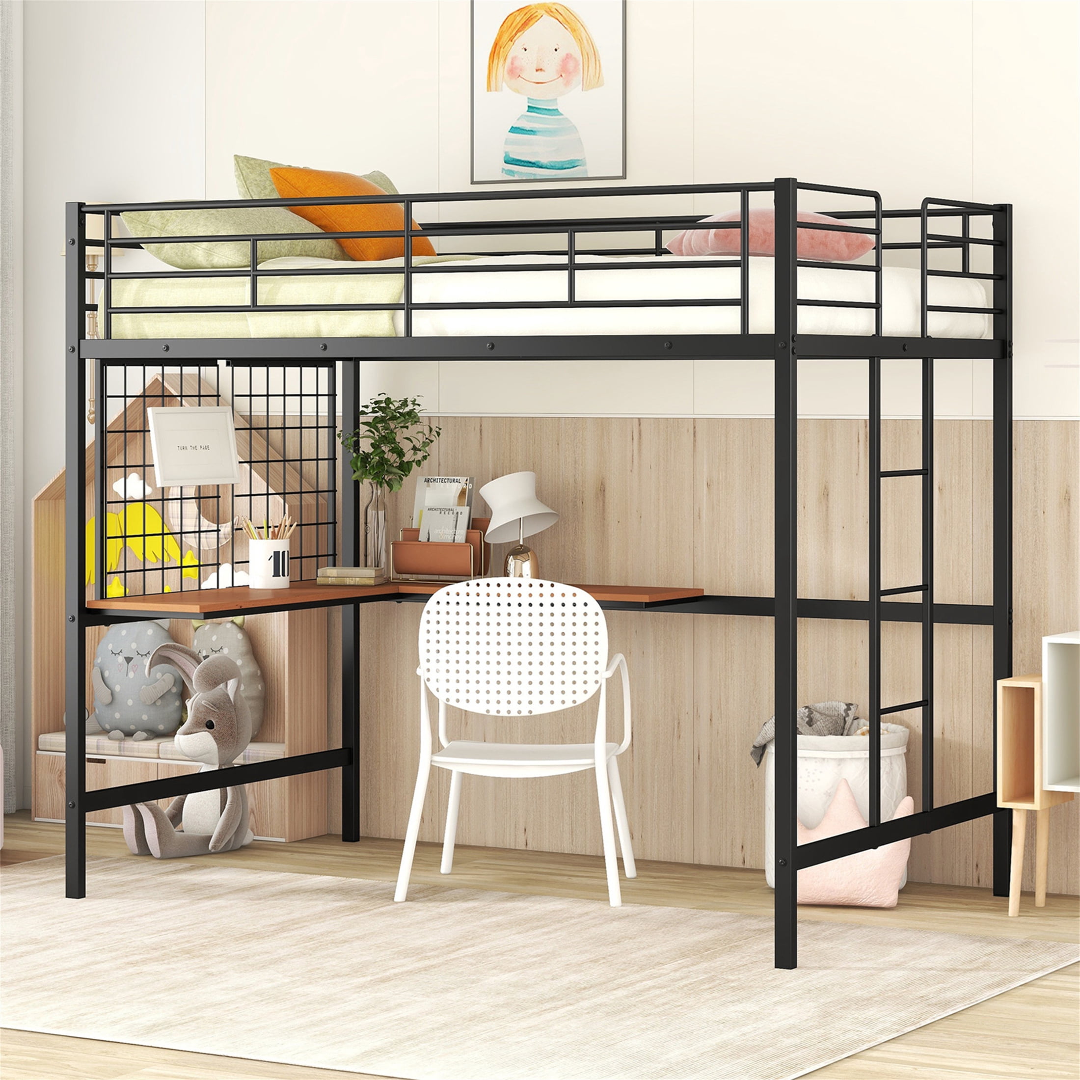 Aukfa Full Size Loft Bed with L shape Desk, Heavy Duty Metal Bed Frame for Teens Adults, Black