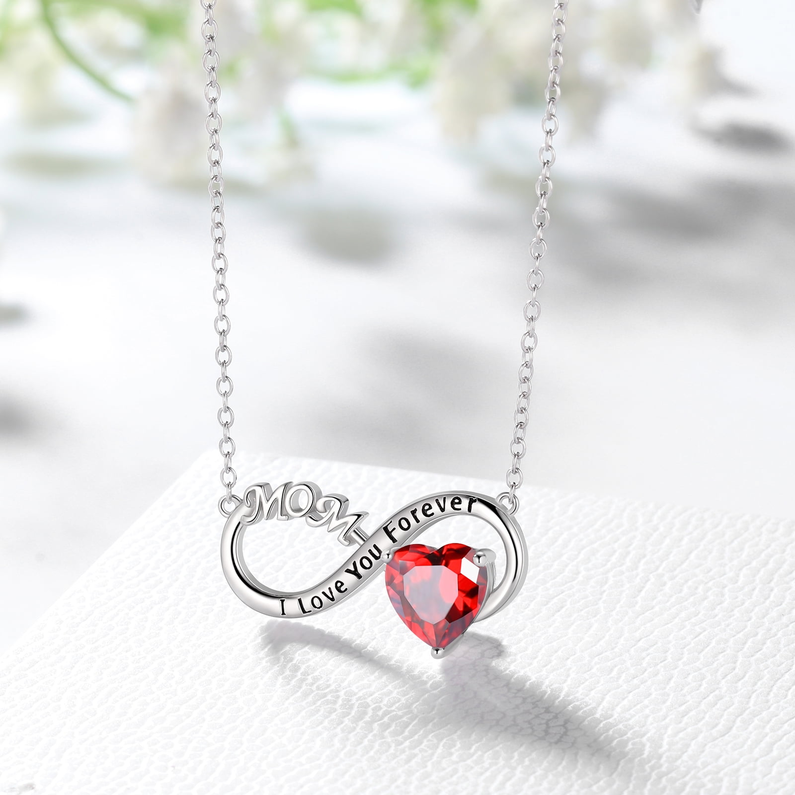 Juwaliy Infinity Heart Necklace for Mom January Birthstone Necklace Garnet Red Pendant 925 Sterling Silver Jewelry Women Birthday Mother's Day Gifts