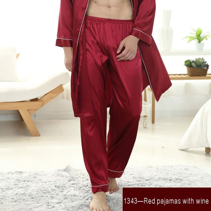 Satin Silk Pants Pajamas Bottoms Sleep Men Sleepwear Long Belt Soft Solid Color 