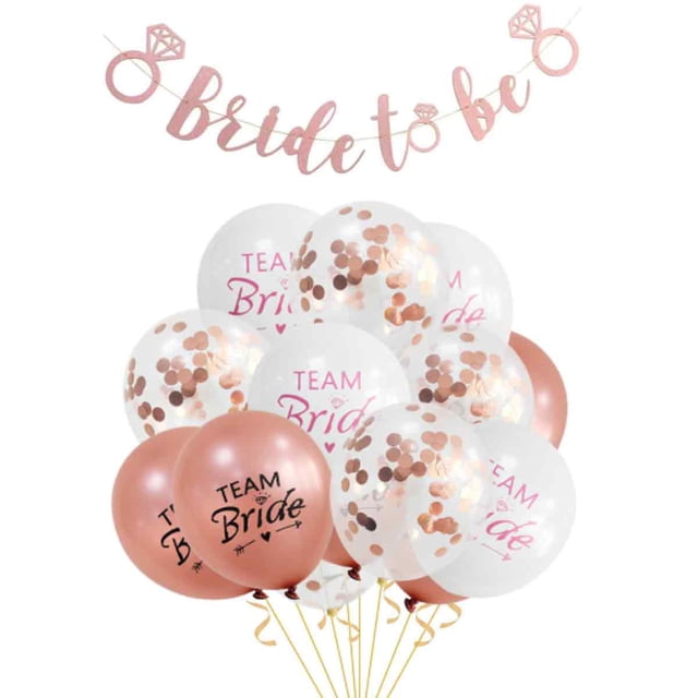 bride to be set de decoración juego de pancarta y 15 globos en oro rosa; guirnalda de papel 'bride to be' en tono oro rosa arriba y ramo de globos de látex debajo (globos metálicos sólidos, transparentes con confeti oro rosa y varios con texto 'Team Bride'), incluye rollo de cinta para globos de 5 m con cintas doradas; adecuado para decorar despedida de soltera, colgar en pared o techo y usar como centros de mesa.