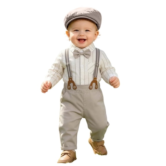 Juorvia Suspender Pants Sets for Little Boys 4pc Gentleman Wedding Suits Collared Tops with Matching Hat Bow Tie(6-12 Months,grey)