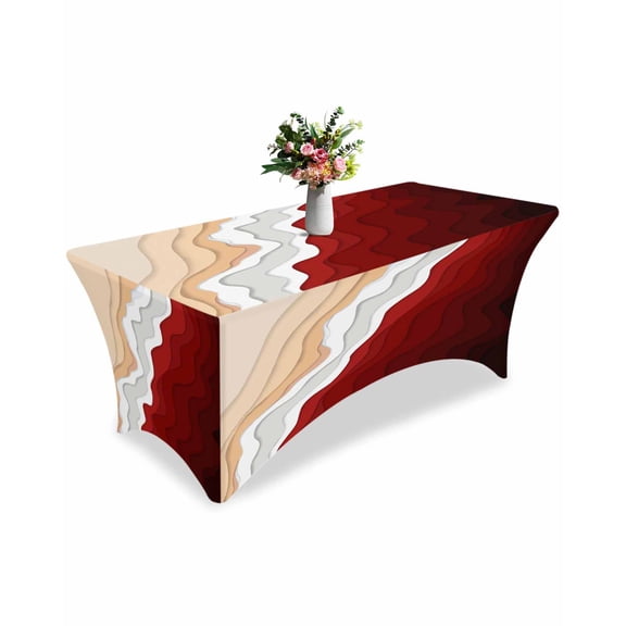 Fitted Tablecloth 6ft Red Beach Waves Rectangular Tablecloths Stretch Spandex Table Cover Washable Elastic Abstract Art Table Cloth Protector for Dinner Party Wedding Banquet