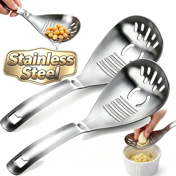 5-in-1 Stainless Steel Cooking Spoon, 2PCS Multifunctional Stainless Steel Spoon for Potato Garlic Masher, Egg Separator and Bottle Opener