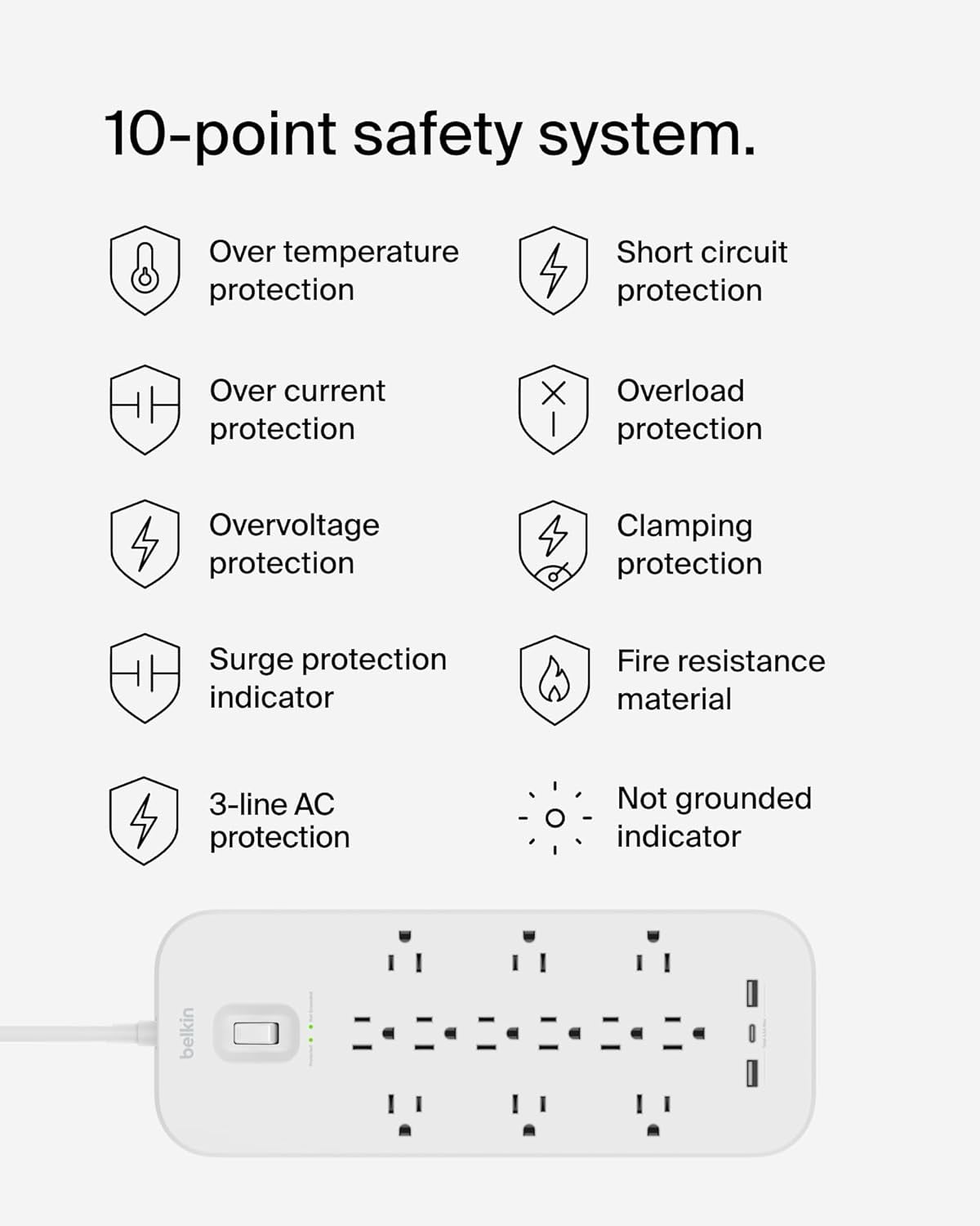 Belkin 12-Outlet Surge Protector Power Strip w/ 12 AC Outlets, 1 USB-C Port, & 2 USB-A Ports, 6ft Cable, Overload and Overvoltage Protection, and On/Off Power Switch - 4,000 Joules of Protection