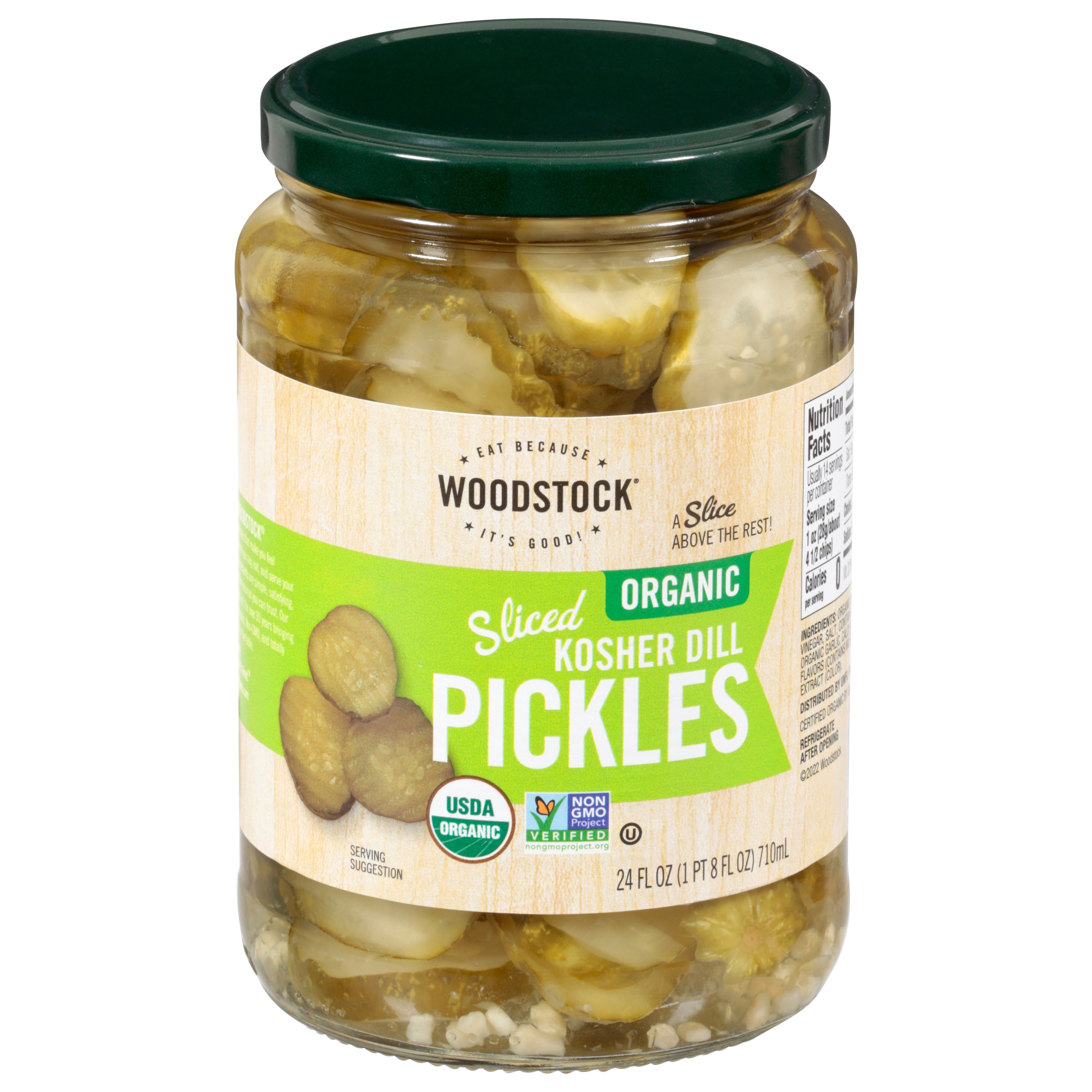 (2 pack) Woodstock Foods Organic Sliced Kosher Dill Pickles, 24 fl oz Jar, Serving Size 4.5 Pieces, Servings Per Container 14