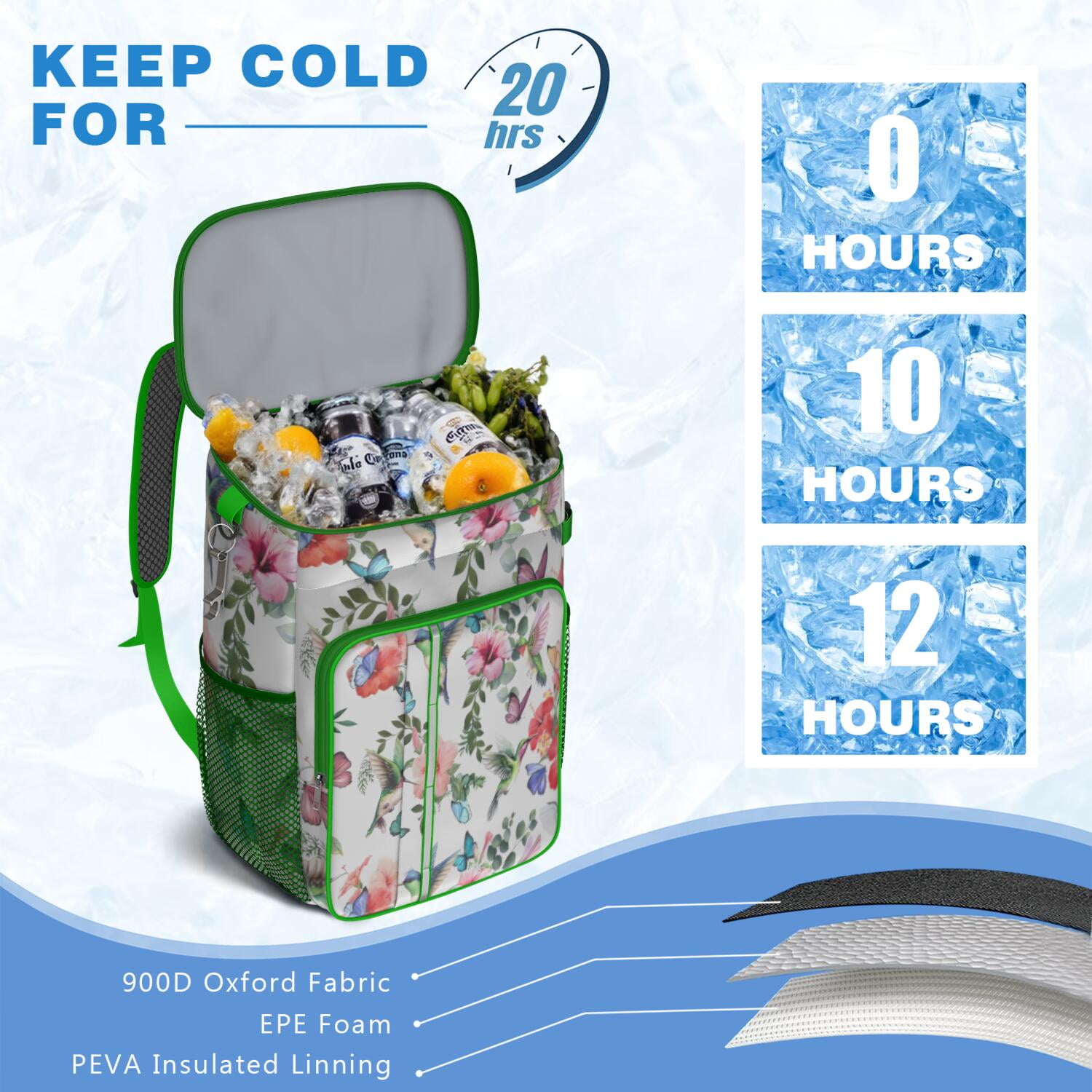 Travel Cooler Bag - Pioneer Flower Floral Print Pattern Camping Beer Cooler Backpack with Bottle Opener- Waterproof Insulated Picnic Backpacks - Cooler Bag for Beach