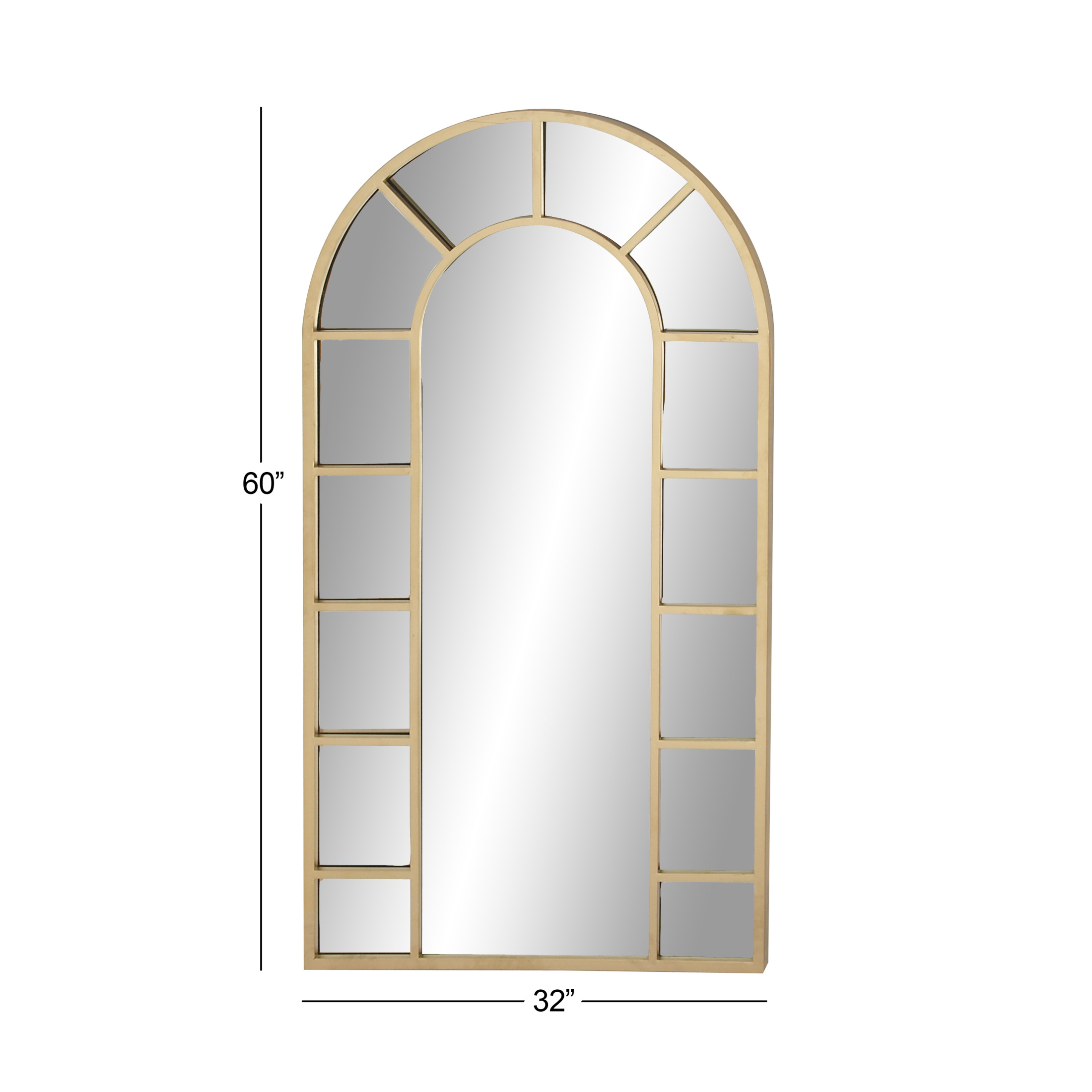 DecMode Gold Metal Arched Window Pane Room Wall Mirror with Arched Top, 32" x 1" x 60"