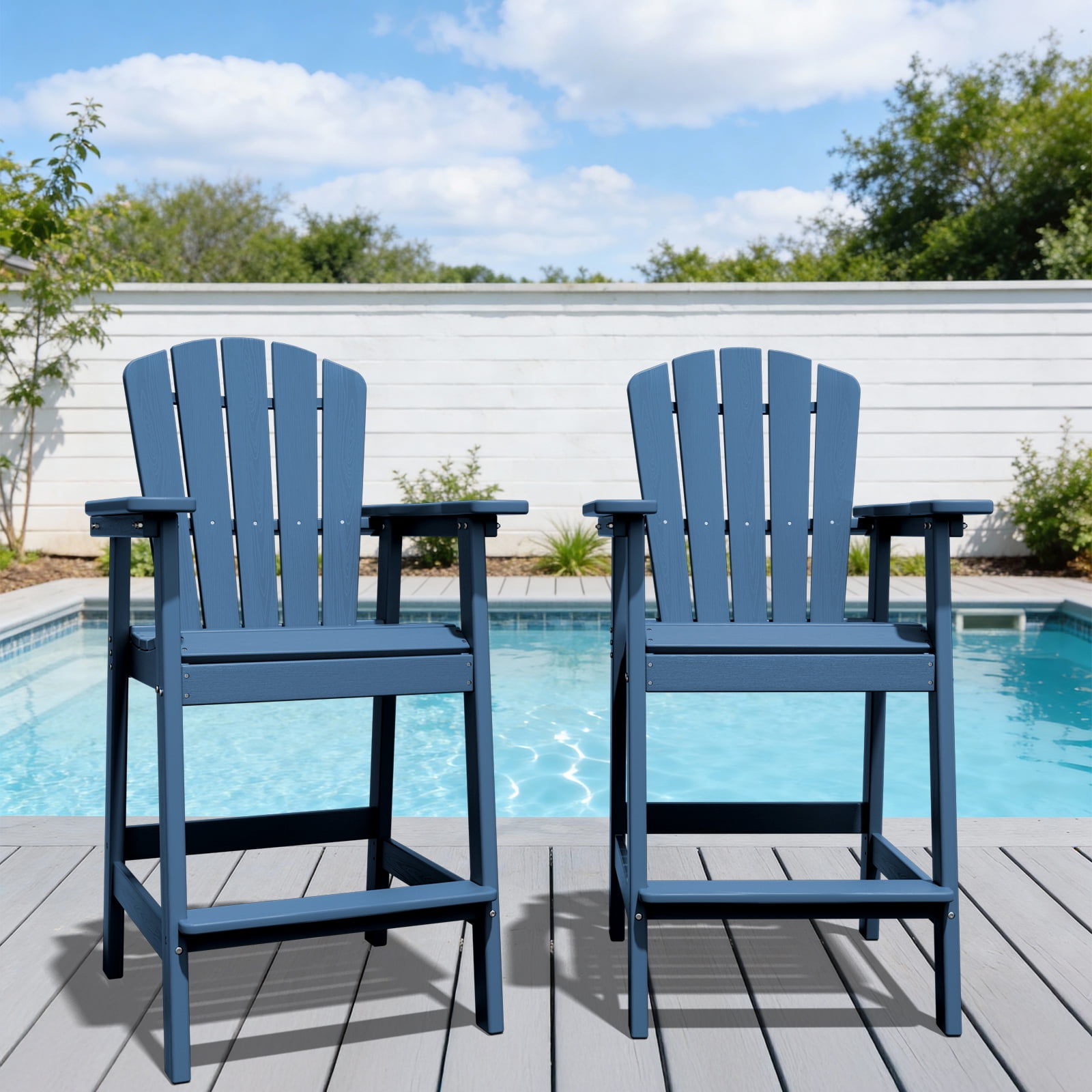 LOYALICE Tall Plastic Adirondack Chair Set of 2 W/ Outdoor Barstools and Connecting Tray, Navy Blue