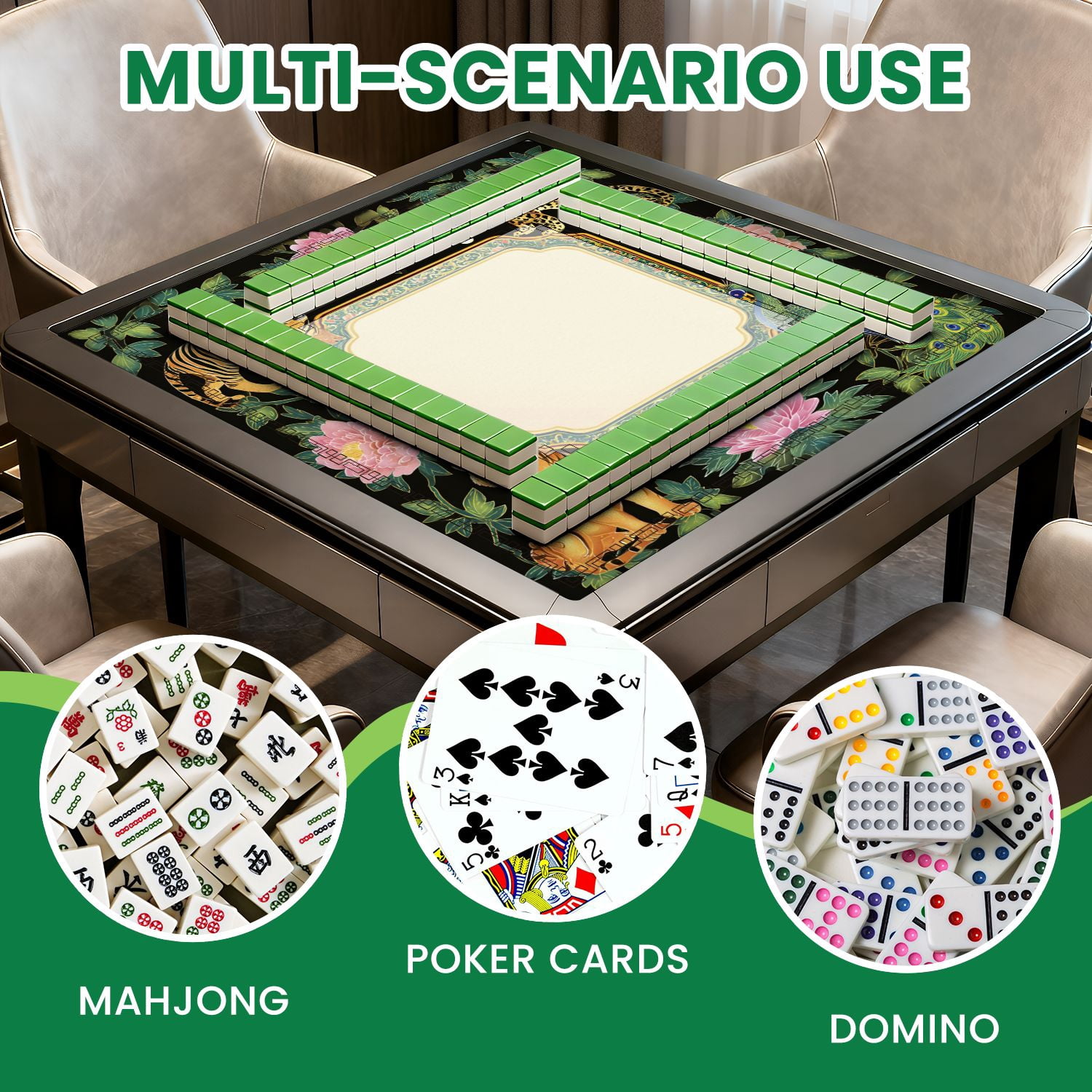 Mahjong Mat 31.5" x 31.5" Ornamental Tiger Leopard Peacock Pink Peonies Green Foliage Black Non-Slip Noise Reduction American Mahjong Tiles Table Cover for Dominoes Poker Card Board Games Gift