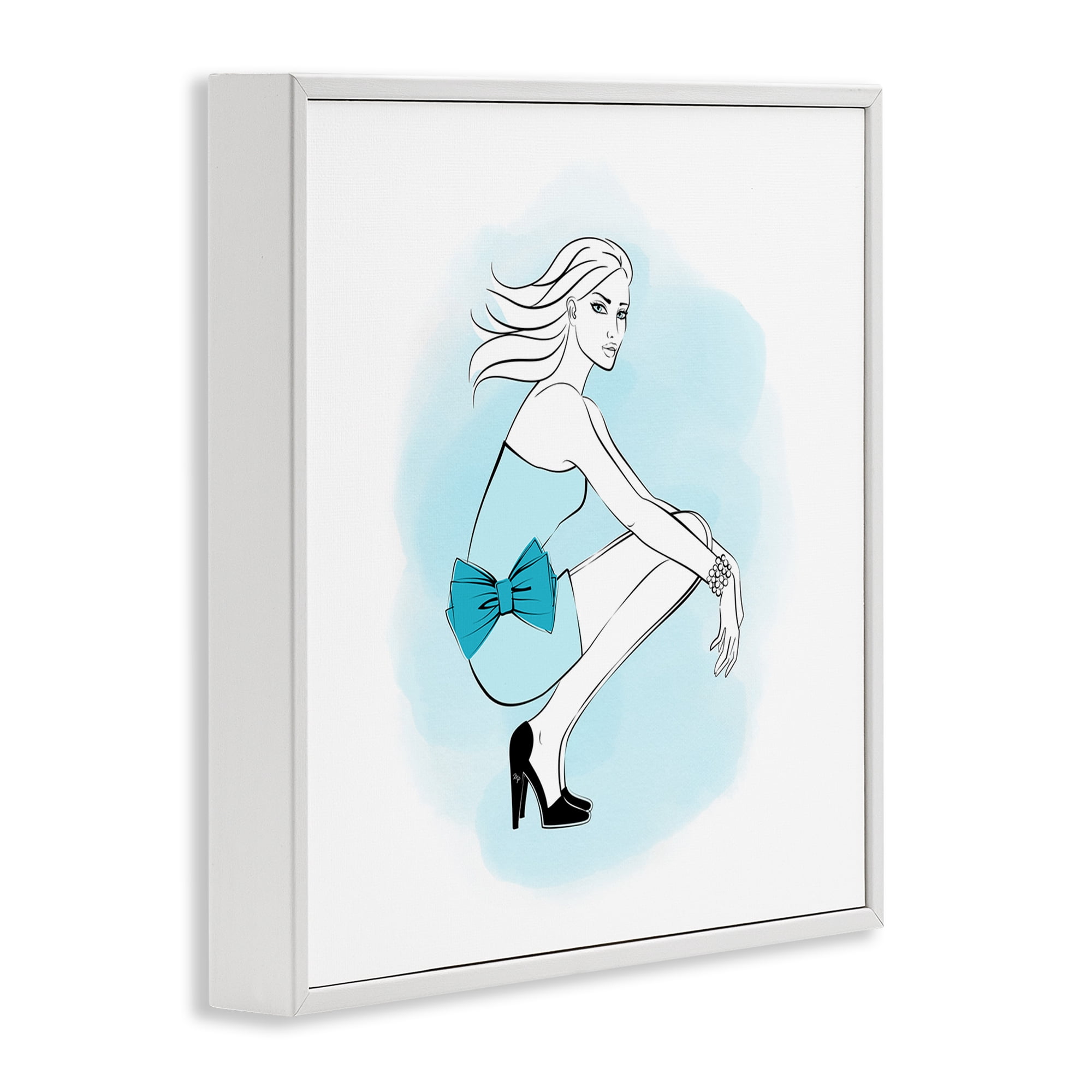 Stupell Industries Girl with Blue Bow Novelty Painting White Framed Art Print Wall Art, 12 x 12