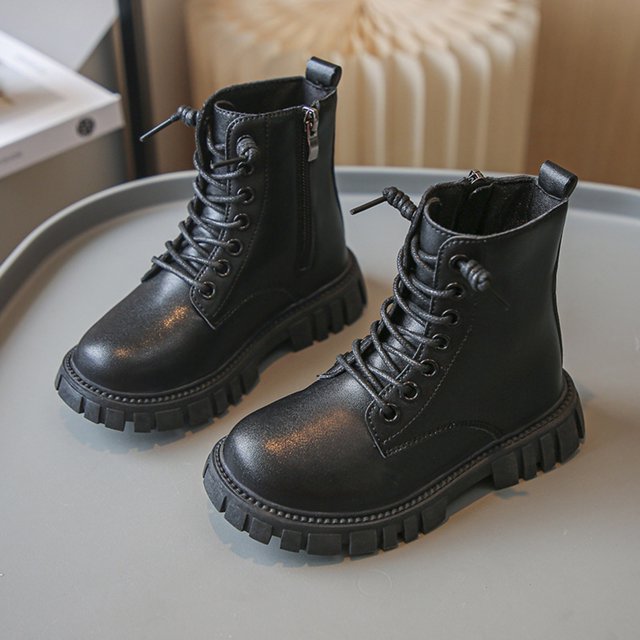 XIMIN Girls PU Leather Riding Boot Solid Color Non Slip Ankle Boots Short Combat Boots Side Zipper Lace Up Shoes Fall Winter Trendy Chelsea Booties