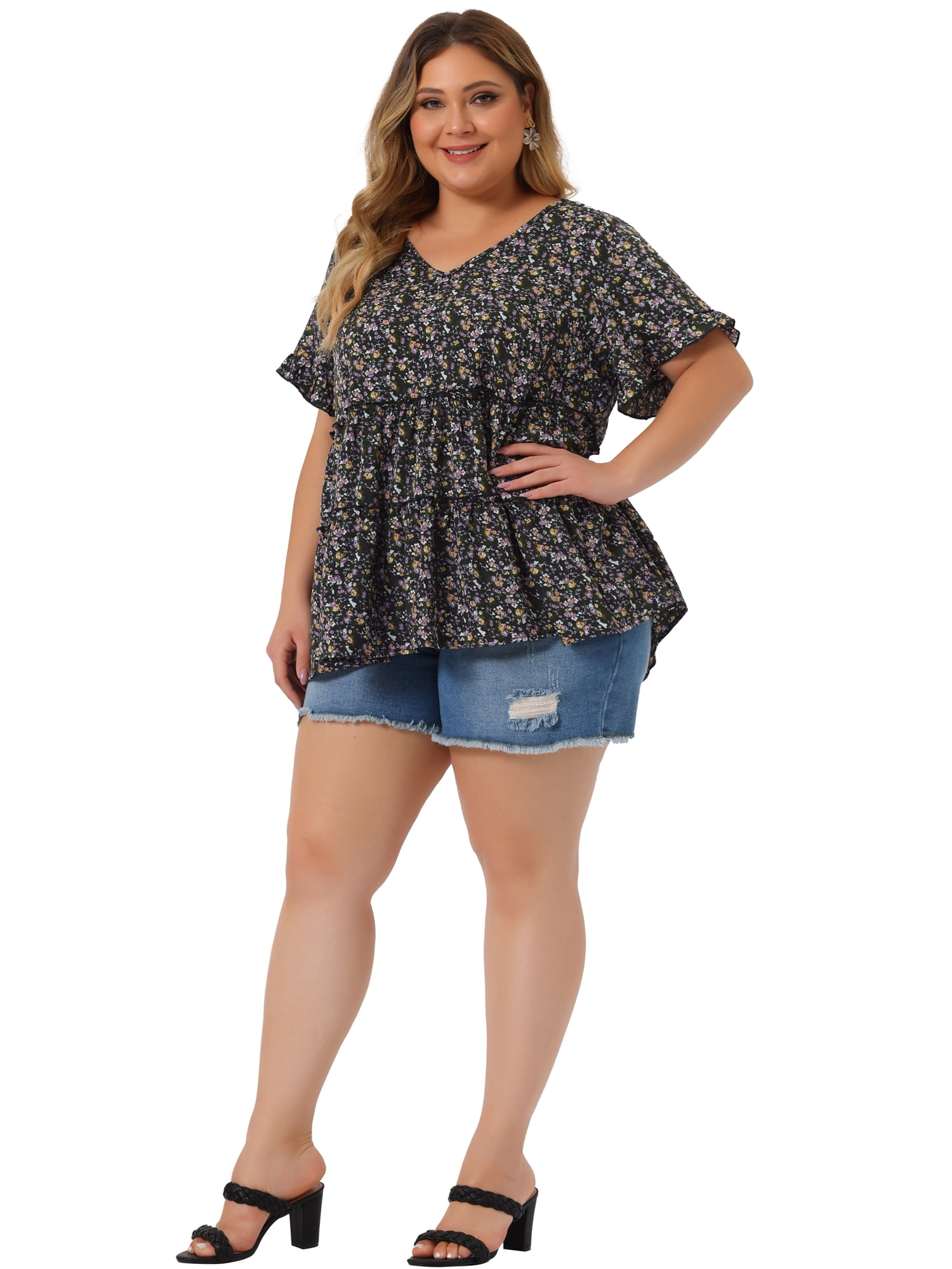 DARING DIVA Women's Plus Size V Neck Short Sleeve Floral Babydoll Blouse L Black Purple